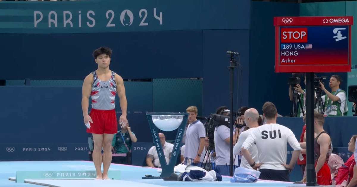Team USA Asher Hong Performs His Vault In the the Men's Gymnastics